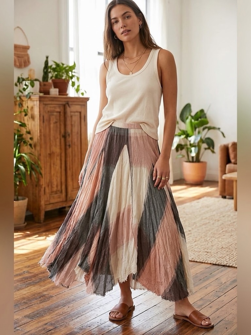 Sundance Pleated Maxi Skirt in Pink, Cream & Gray Colorblock